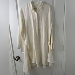 Zii Ropa Linen Collared Button Front Asymmetric Ivory Dress Sz Medium